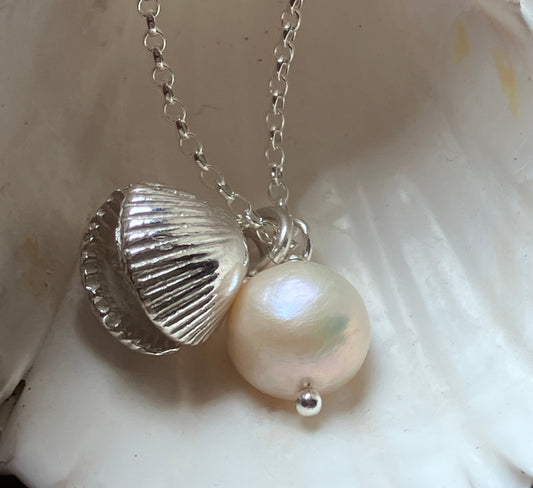 This is a unique solid silver double sided Gower cockle shell necklace