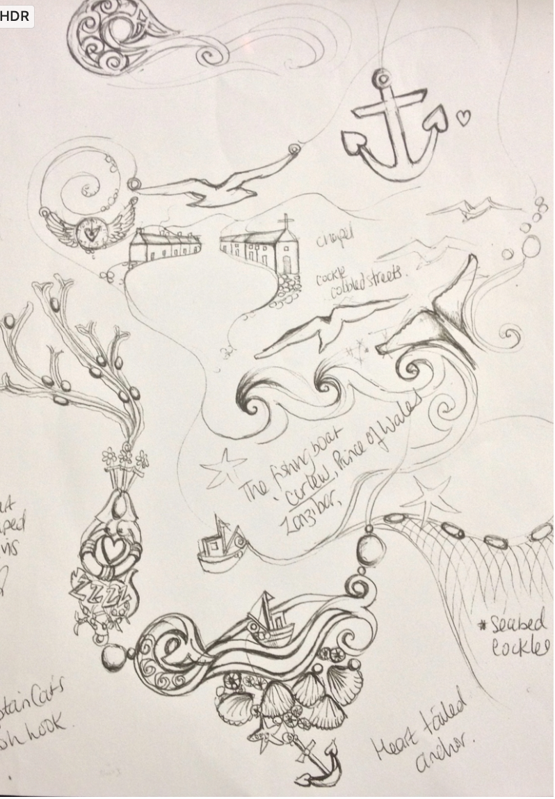 Fishing boat bobbing sea necklace drawing designs