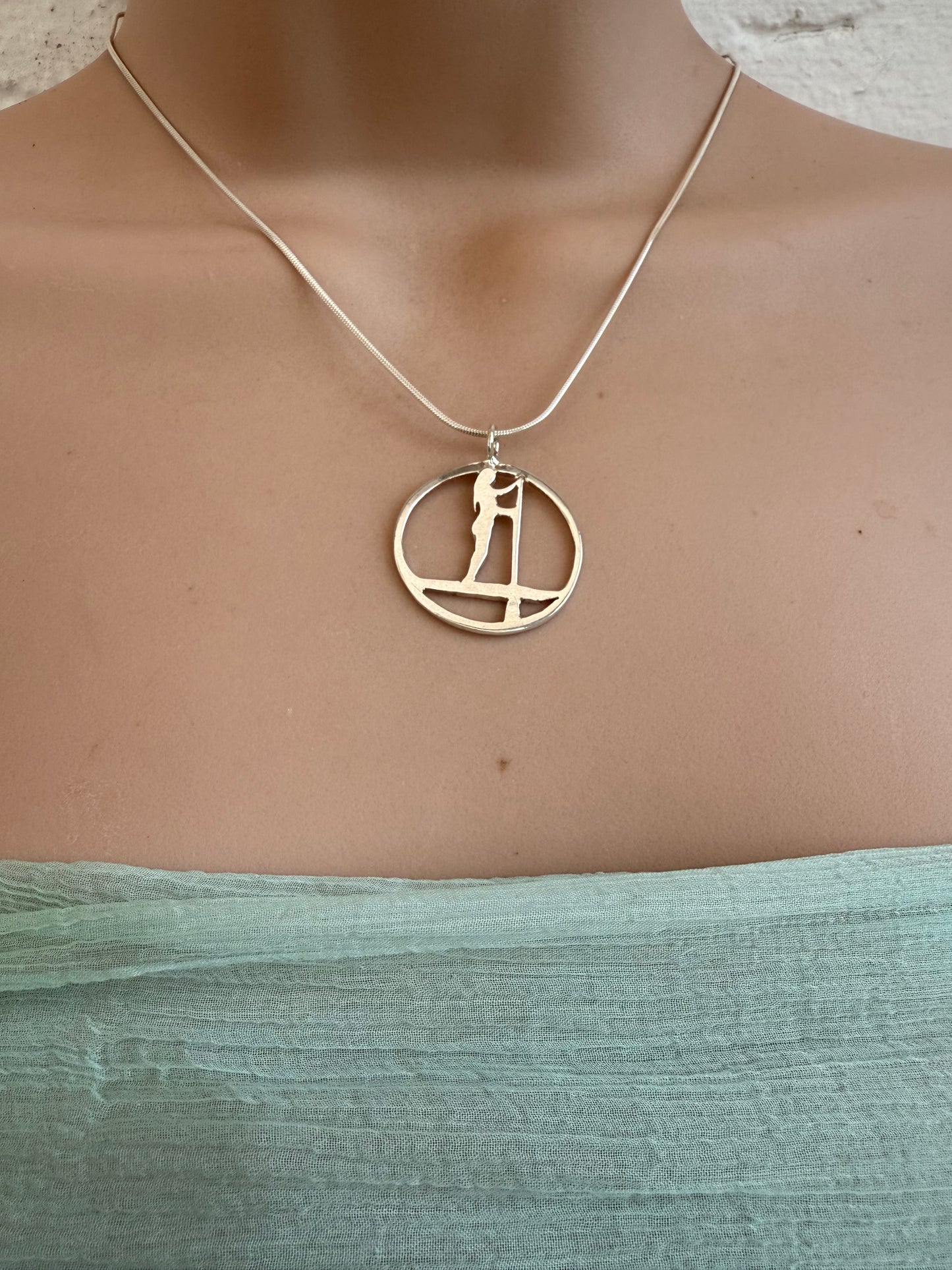Stand up paddle boarder surfer girl necklace silver with chain in circular pendant