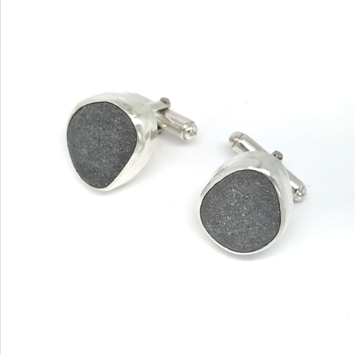 Pebble cufflinks in silver handmade on Gower