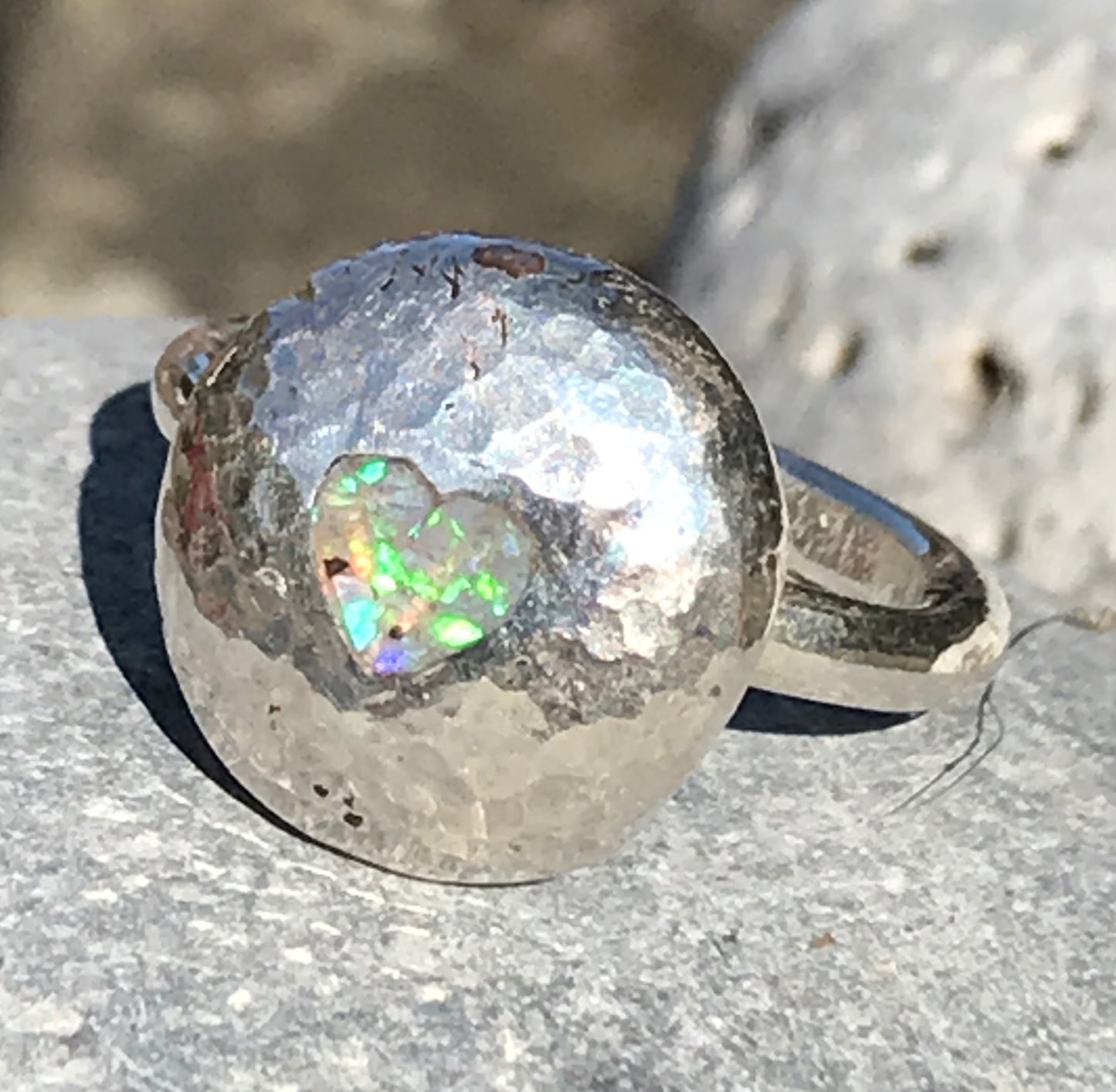 Heart and opal pebble ring
