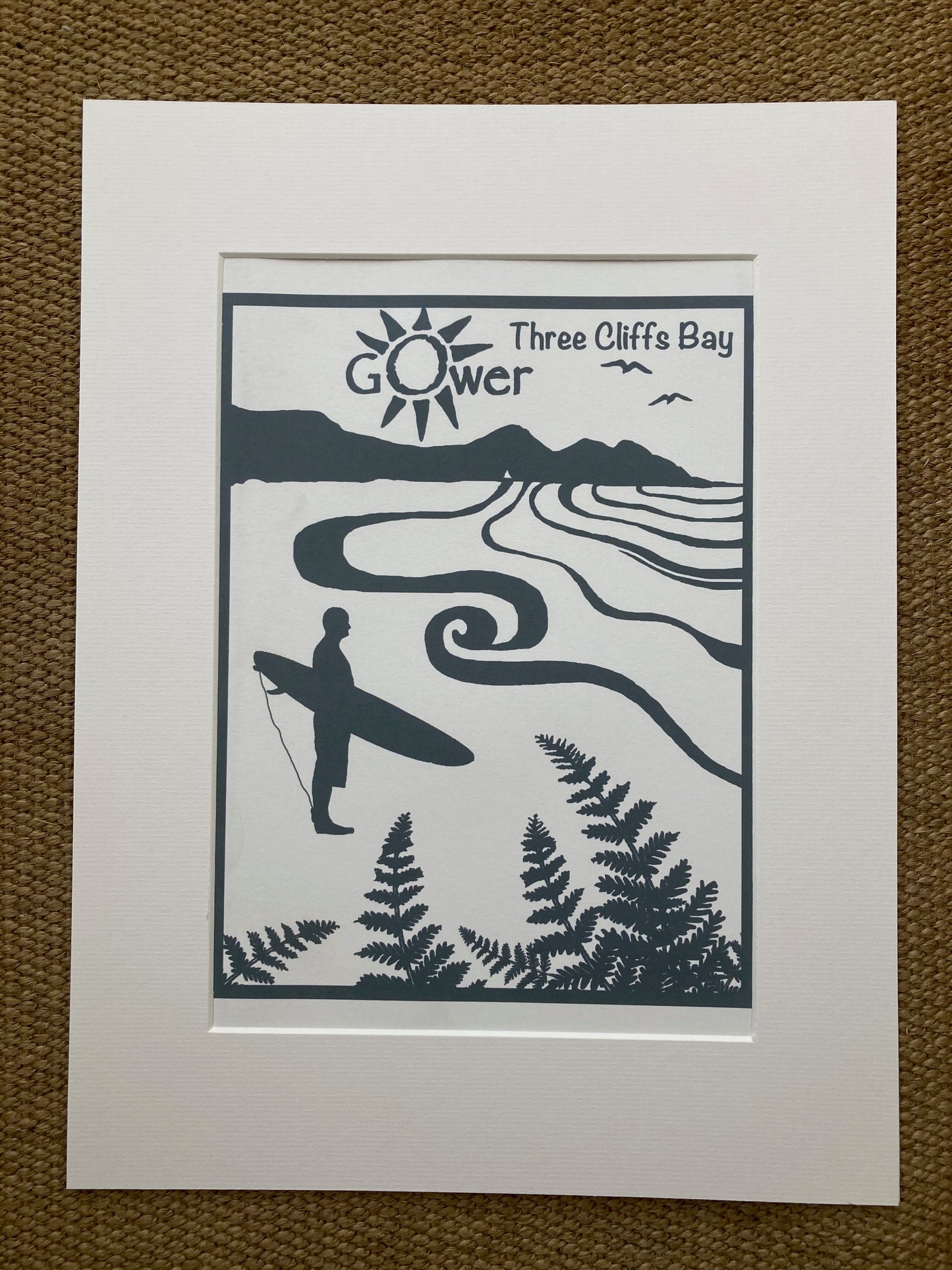 Three Cliffs Bay surfer print.