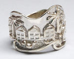 Langland Bay ring in solid silver with beach huts palm trees and waves