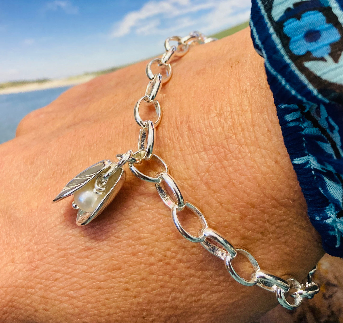 Baby Mussel shell and pearl charm bracelet