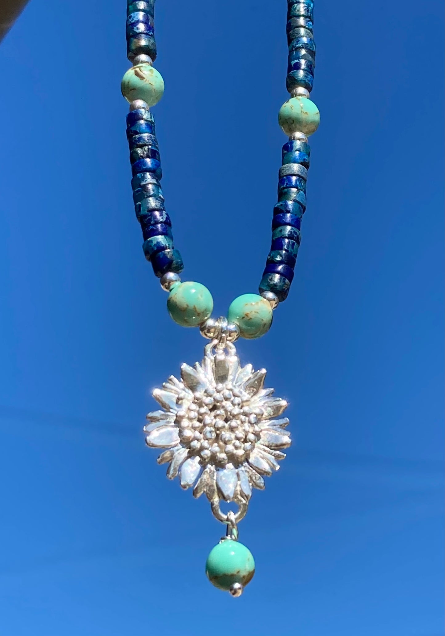 Sunflower necklace made on Gower