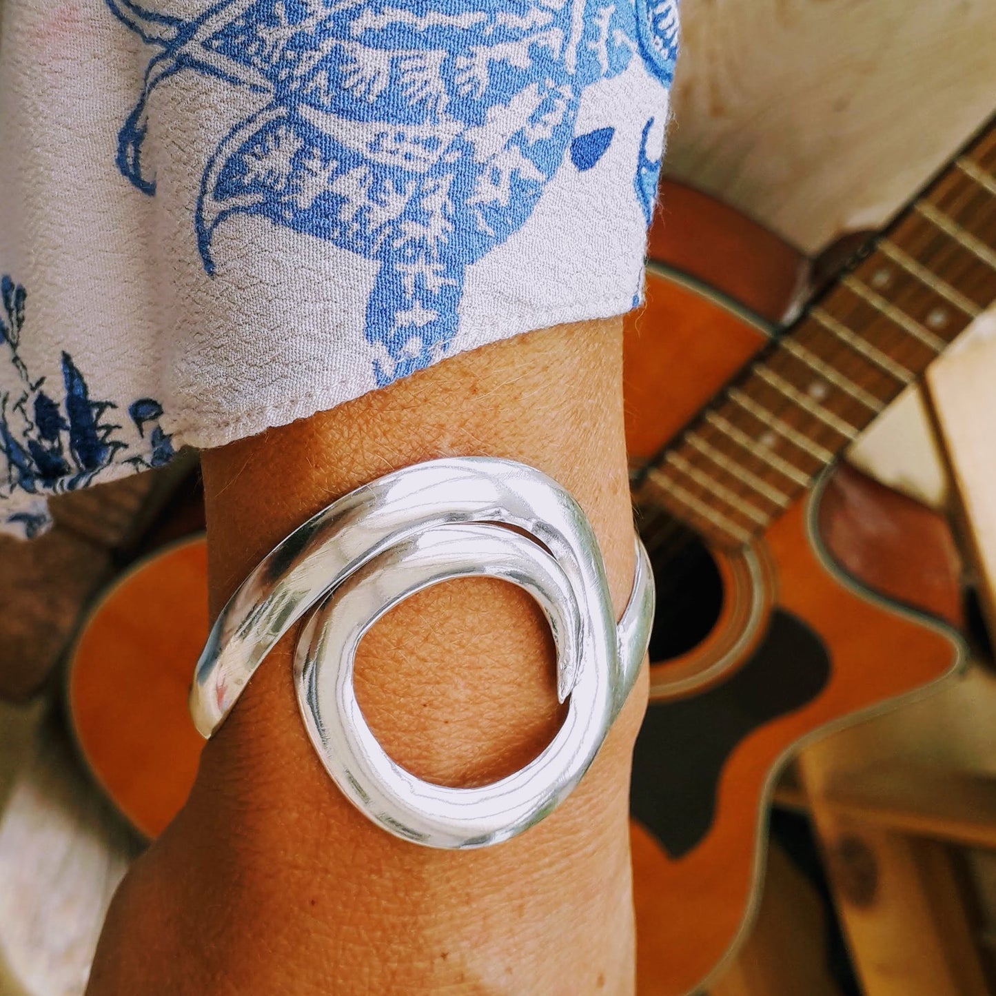 Wave bracelet cuff silver chunky