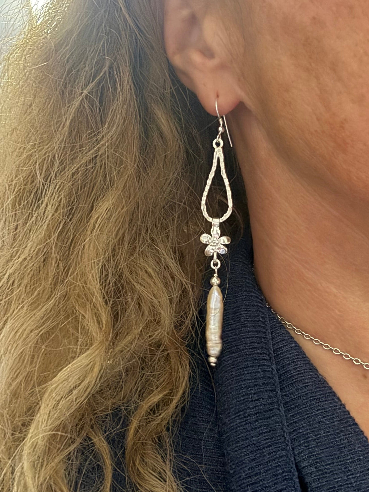 Pearl and flower drop earrings