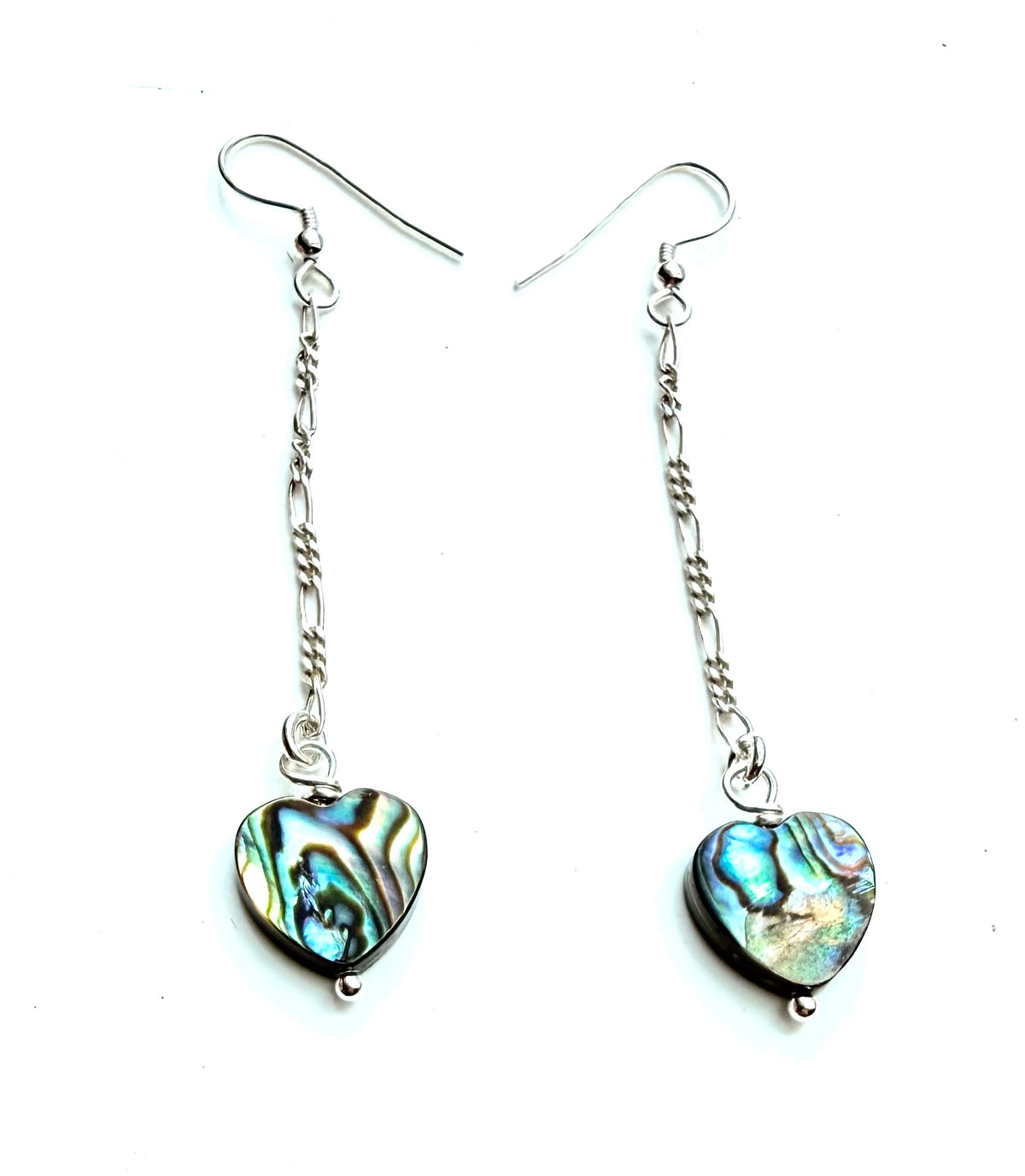 Abalone shell heart long drop earrings.