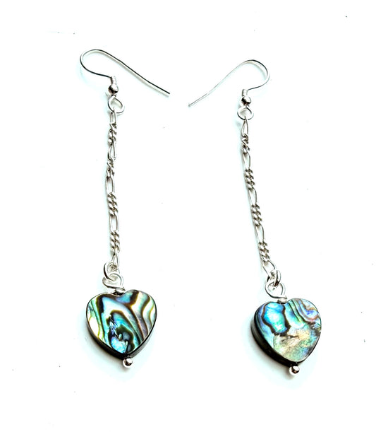 Abalone shell heart long drop earrings.