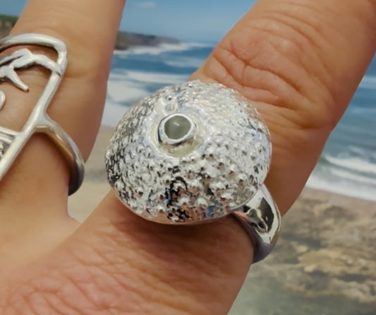Sea urchin ring solid silver with grey white moonstone set 