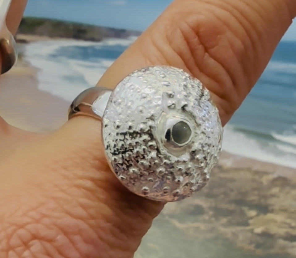 Solid silver Sea urchin ring  with grey white moonstone set 