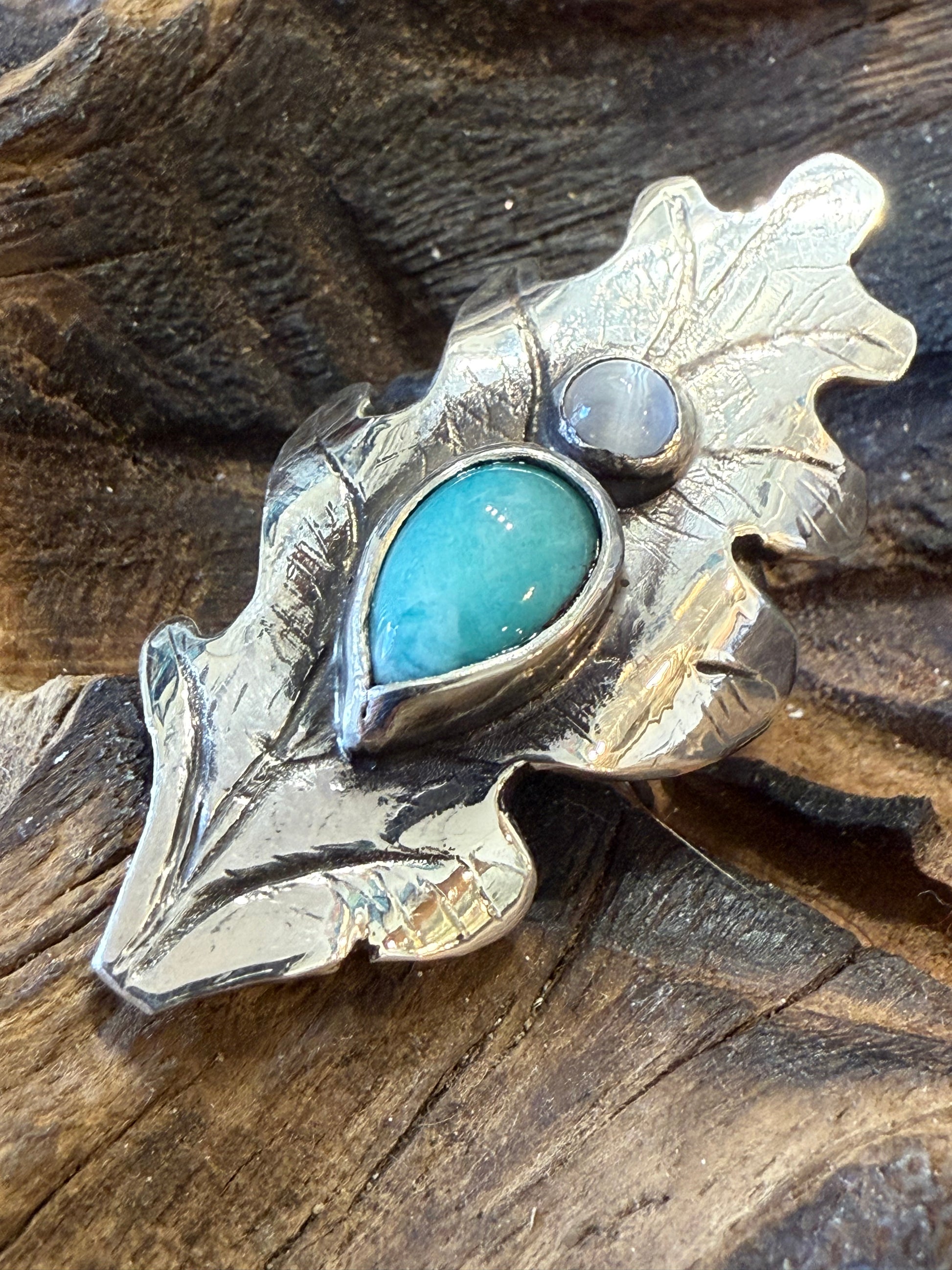 Silver oak leaf ring with ammonite and white Moonstone 