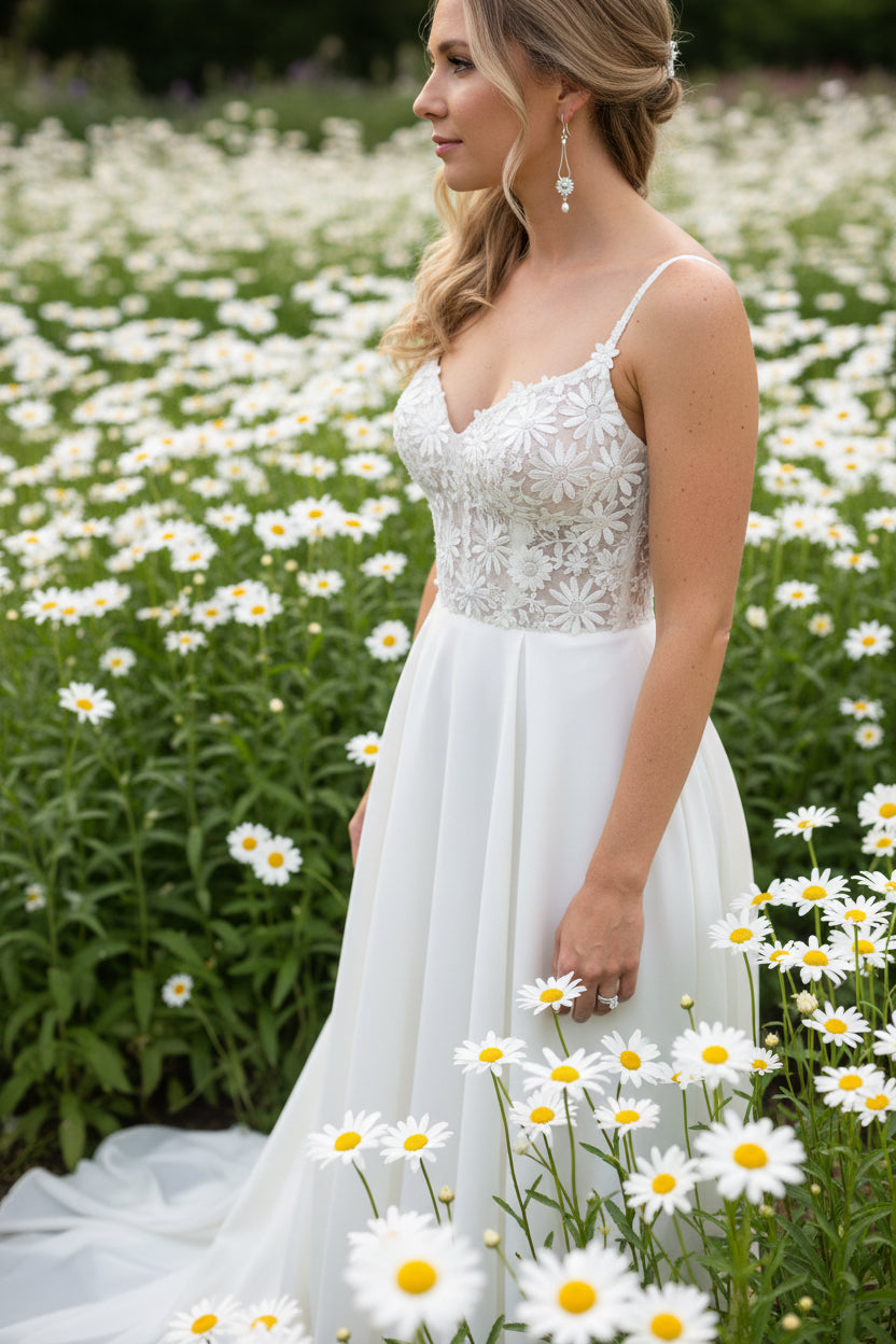 A close-up side profile of a woman wearing a long silver dangle earring with a white f daisy flower c enter and pearl drop, in a country garden 
