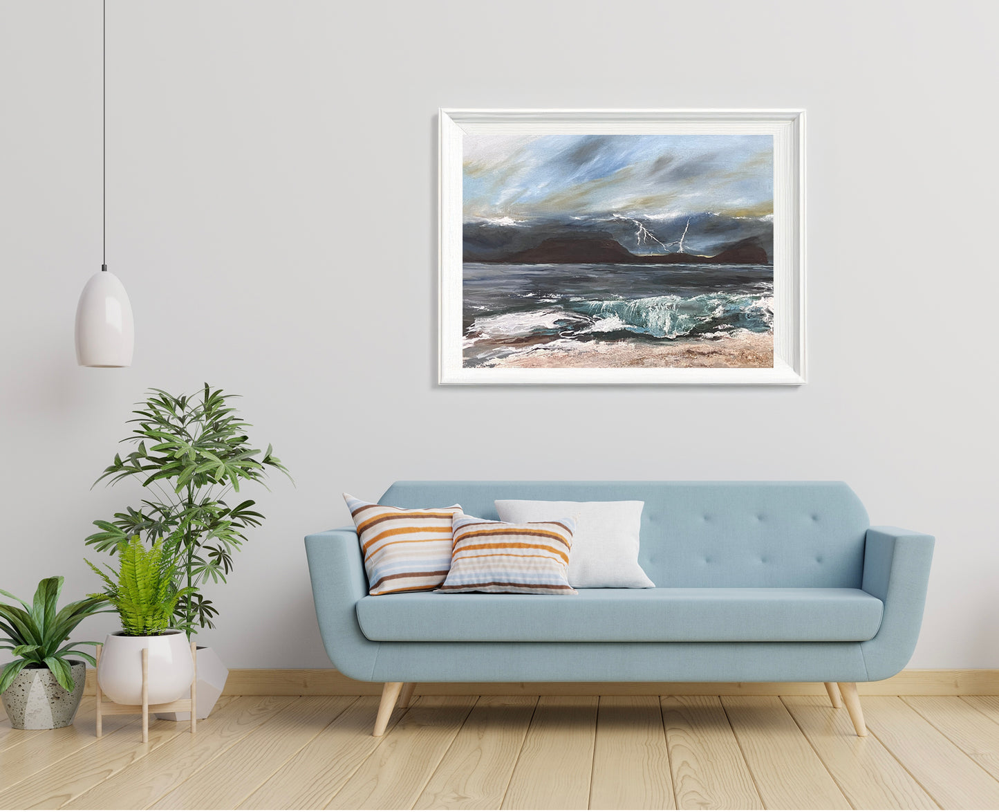 Lightening over Rhossili Bay wave painting by gower artist Pa-pa