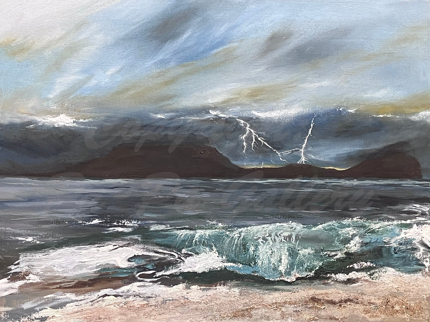 wave and lightening over Rhossili painting from Gower