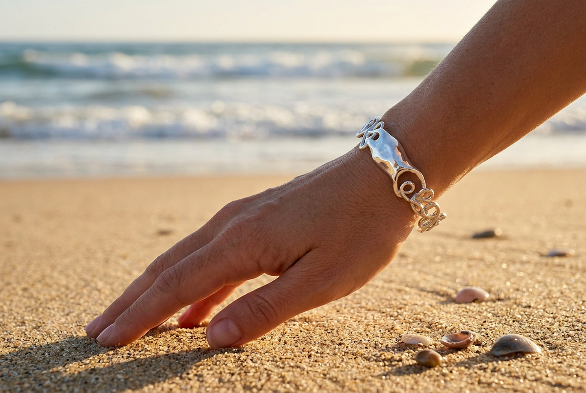 mermaids purse bracelet on a models hand
