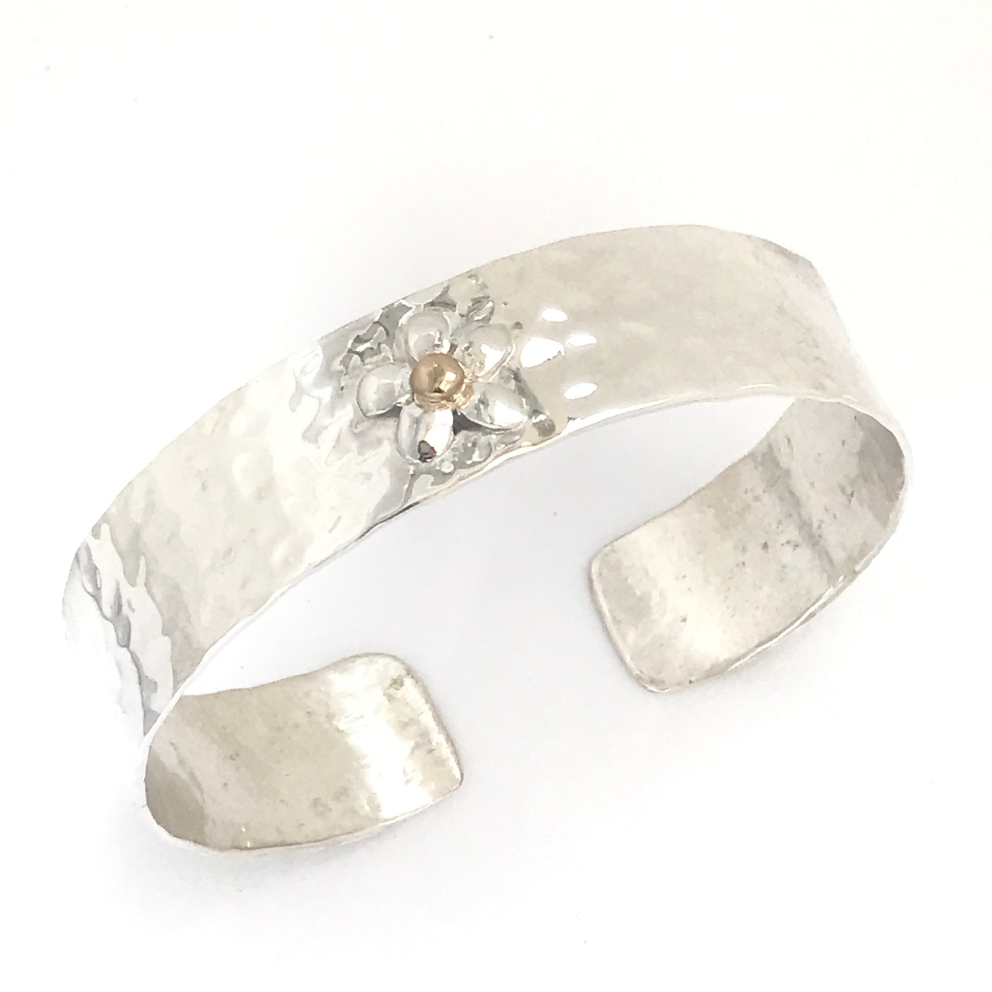 Silver flower gold bead bangle cuff