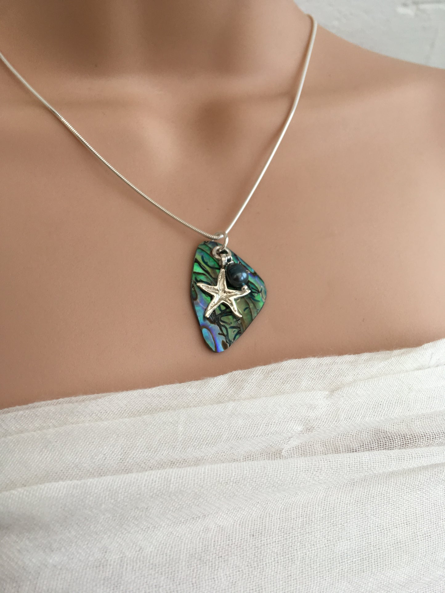 Abalone shell and starfish necklace with real black pearl