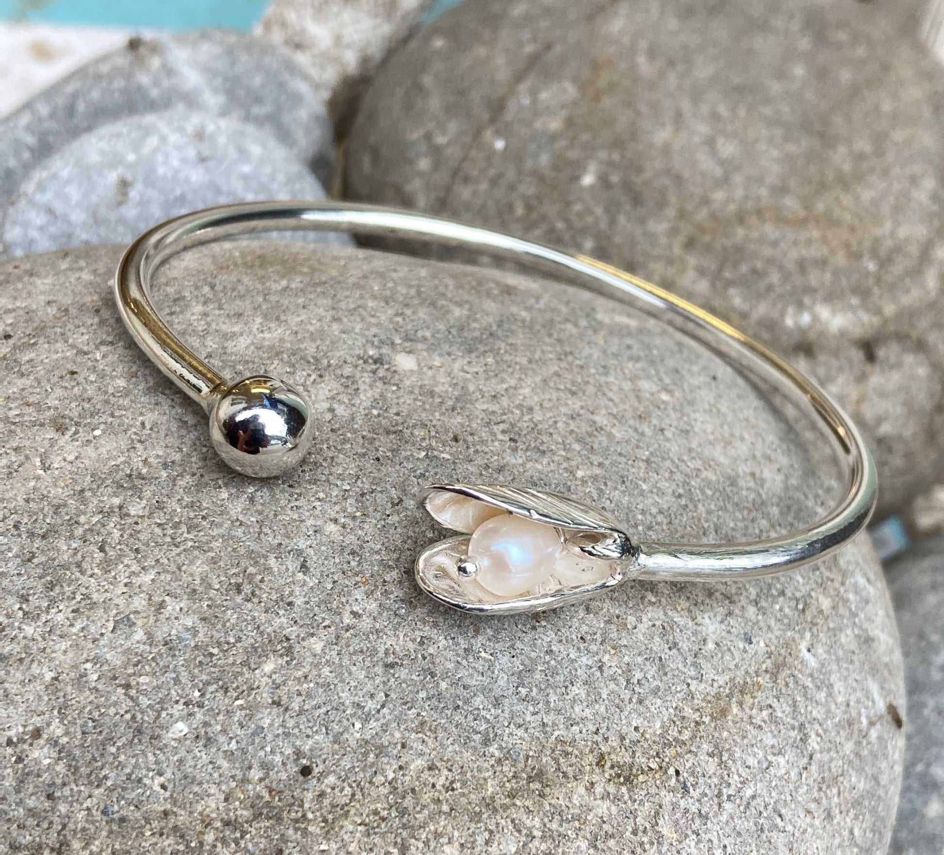 Mussel shell and pearl cuff bangle