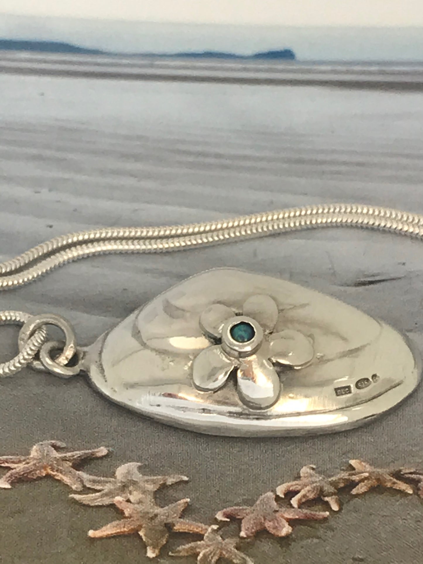 Silver pipi shell with flower opal