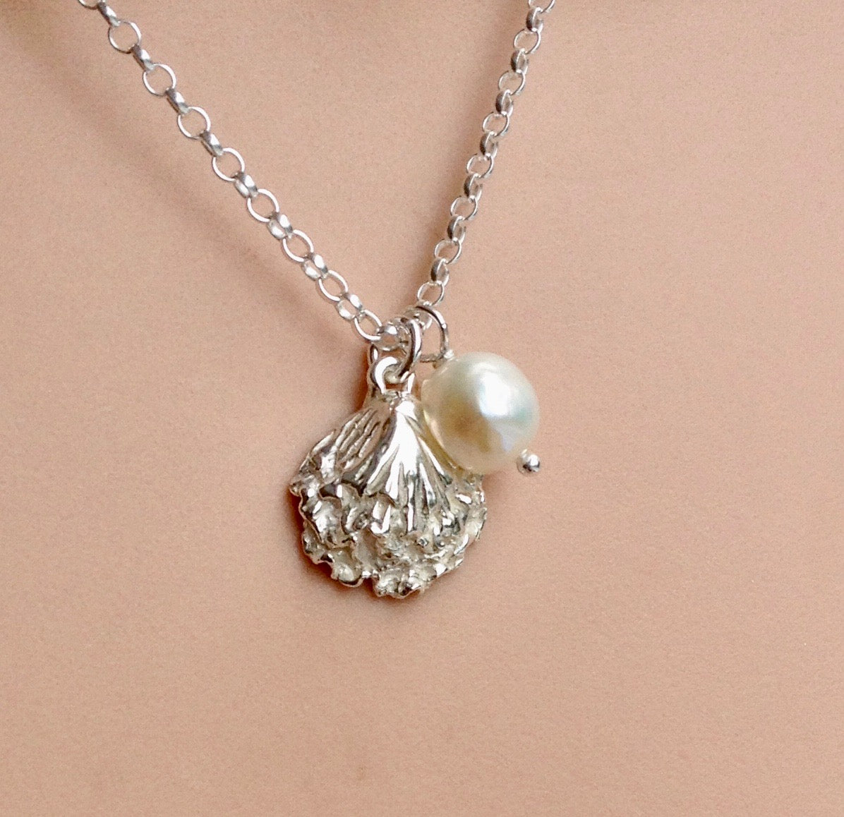 Silver oyster shell necklace