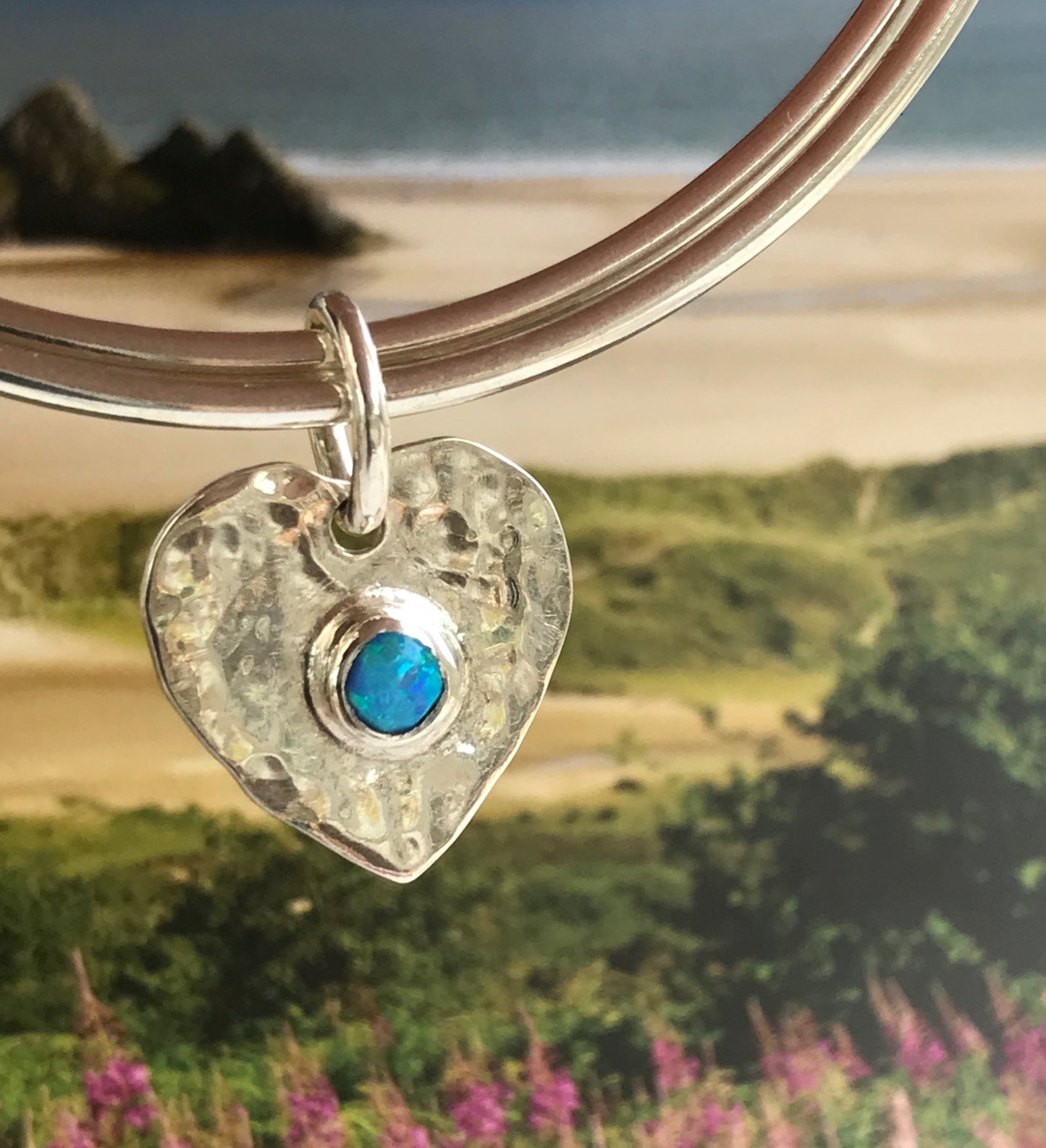 double bangle heart opal charm