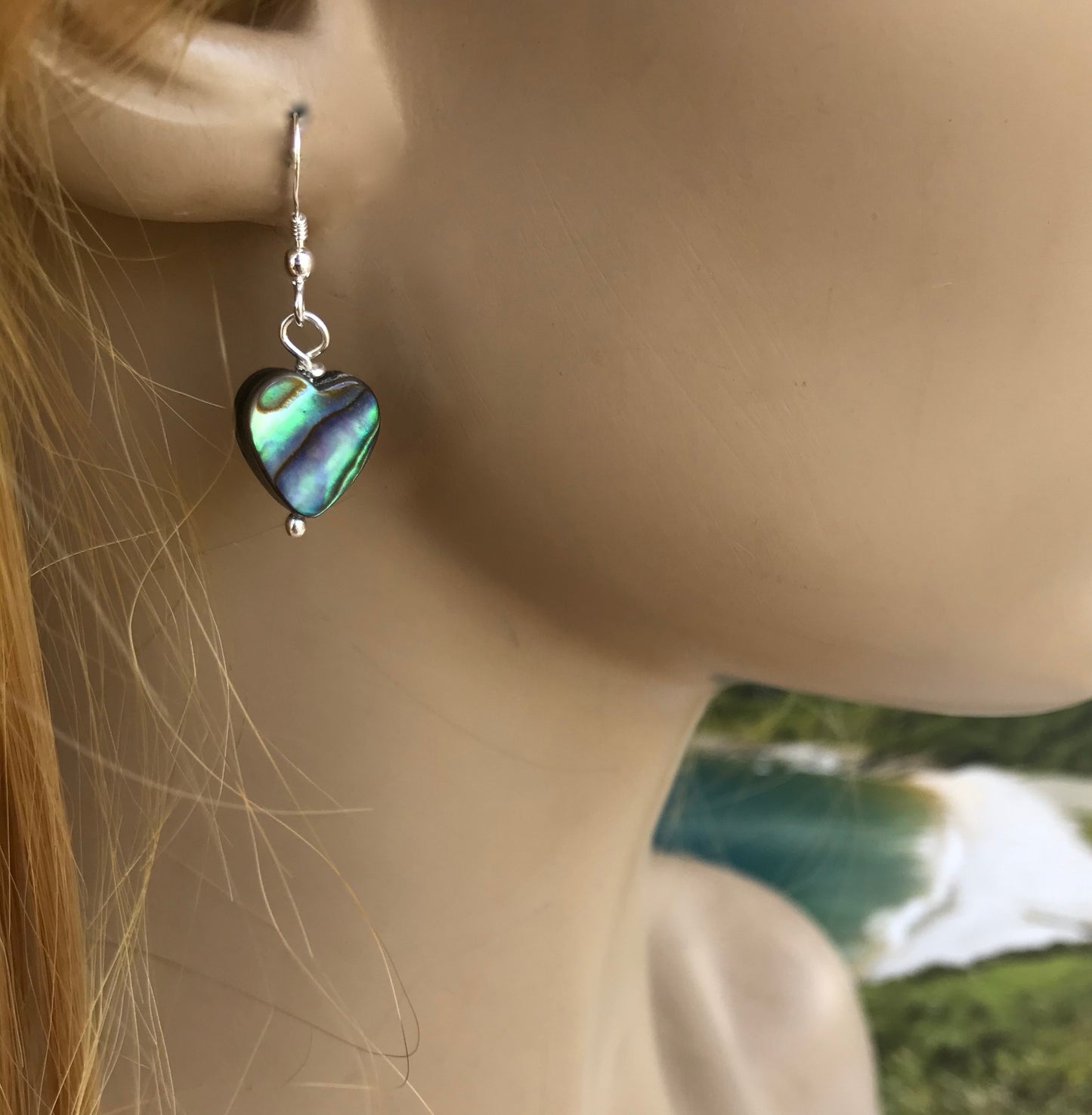 Abalone shell heart earrings silver hooks