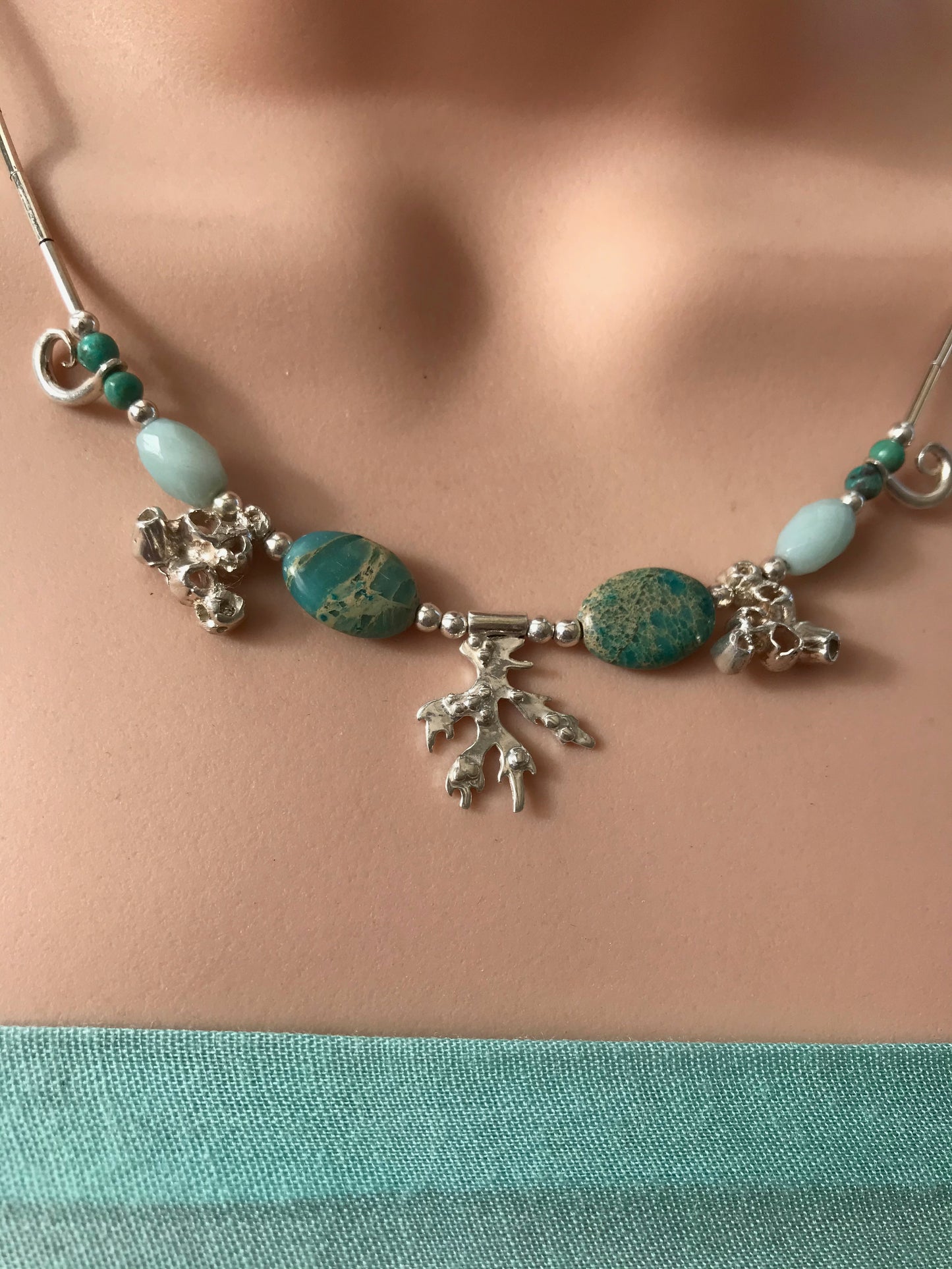 Silver seaweed and barnacles necklace