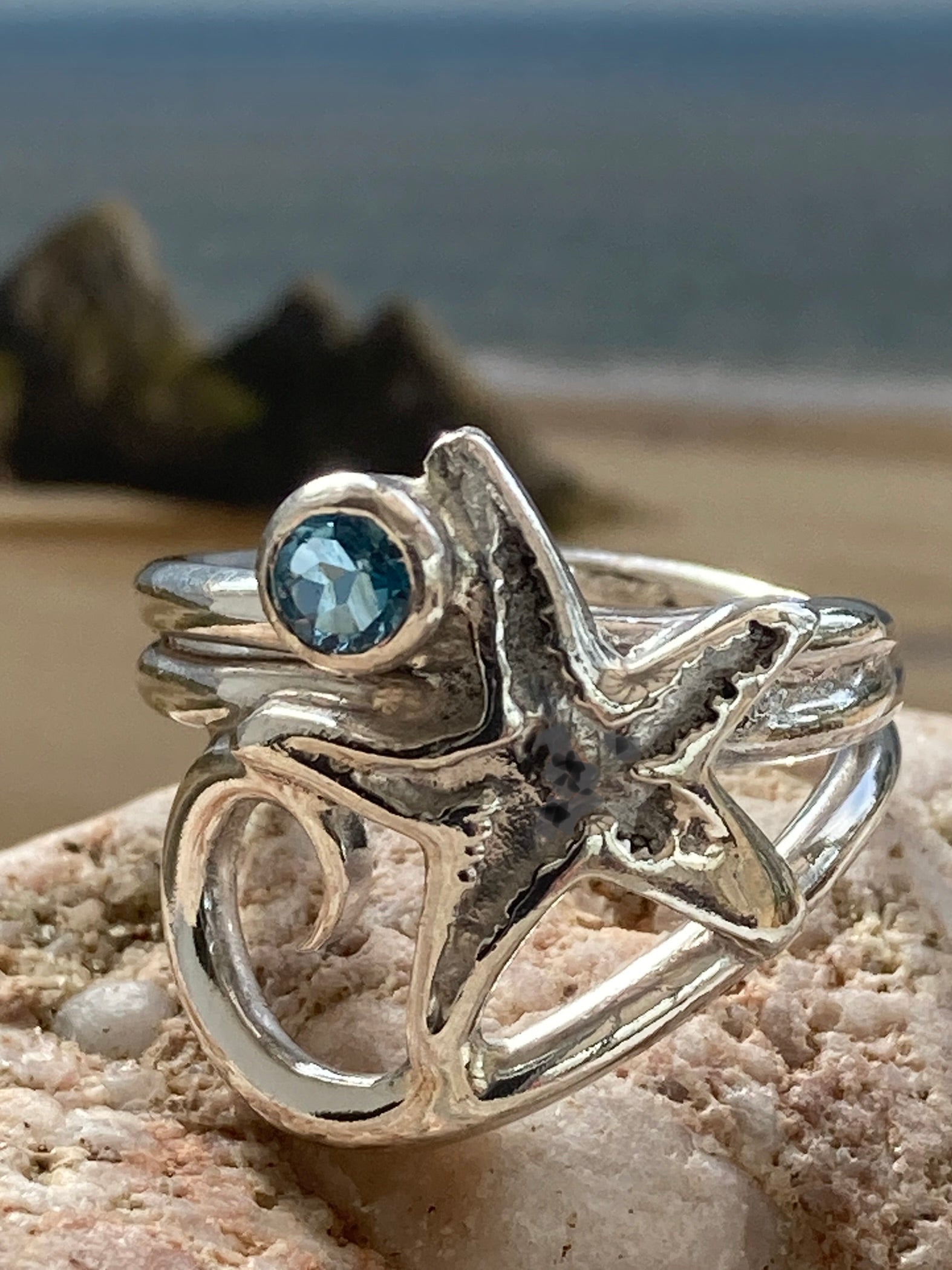Blue topaz gemstone wave and starfish ring