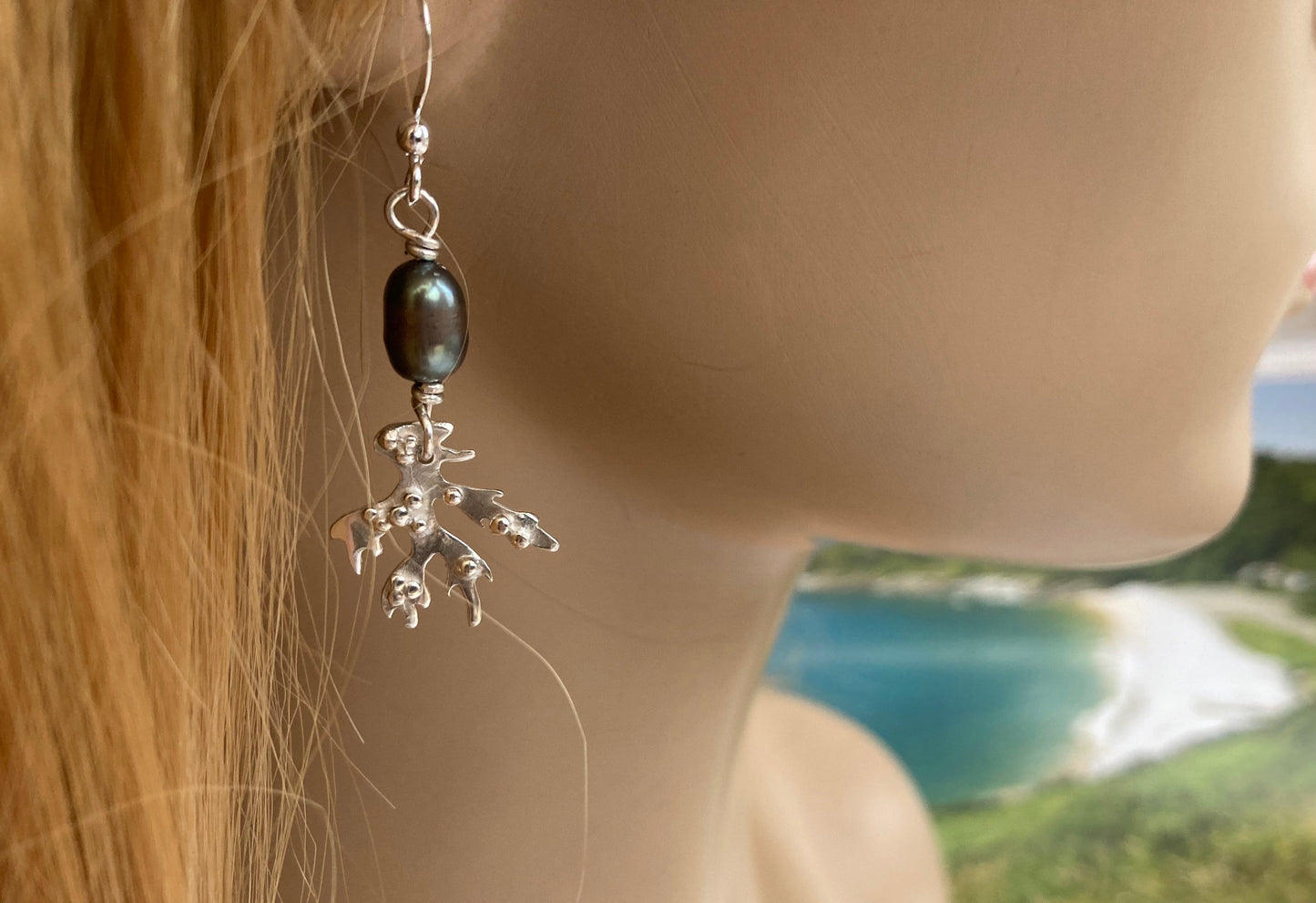 Silver seaweed and pearl earrings