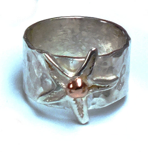 Silver starfish ring with gold bead