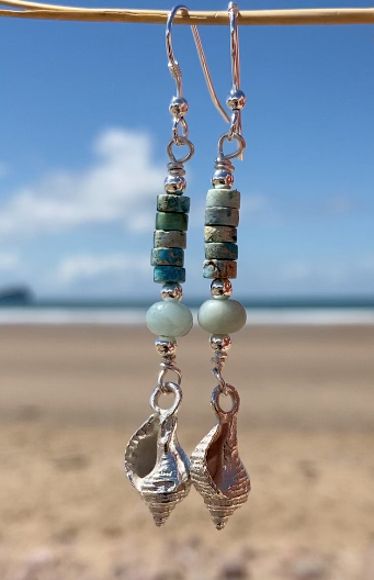 Whelk shell long earrings with sea coloured beads