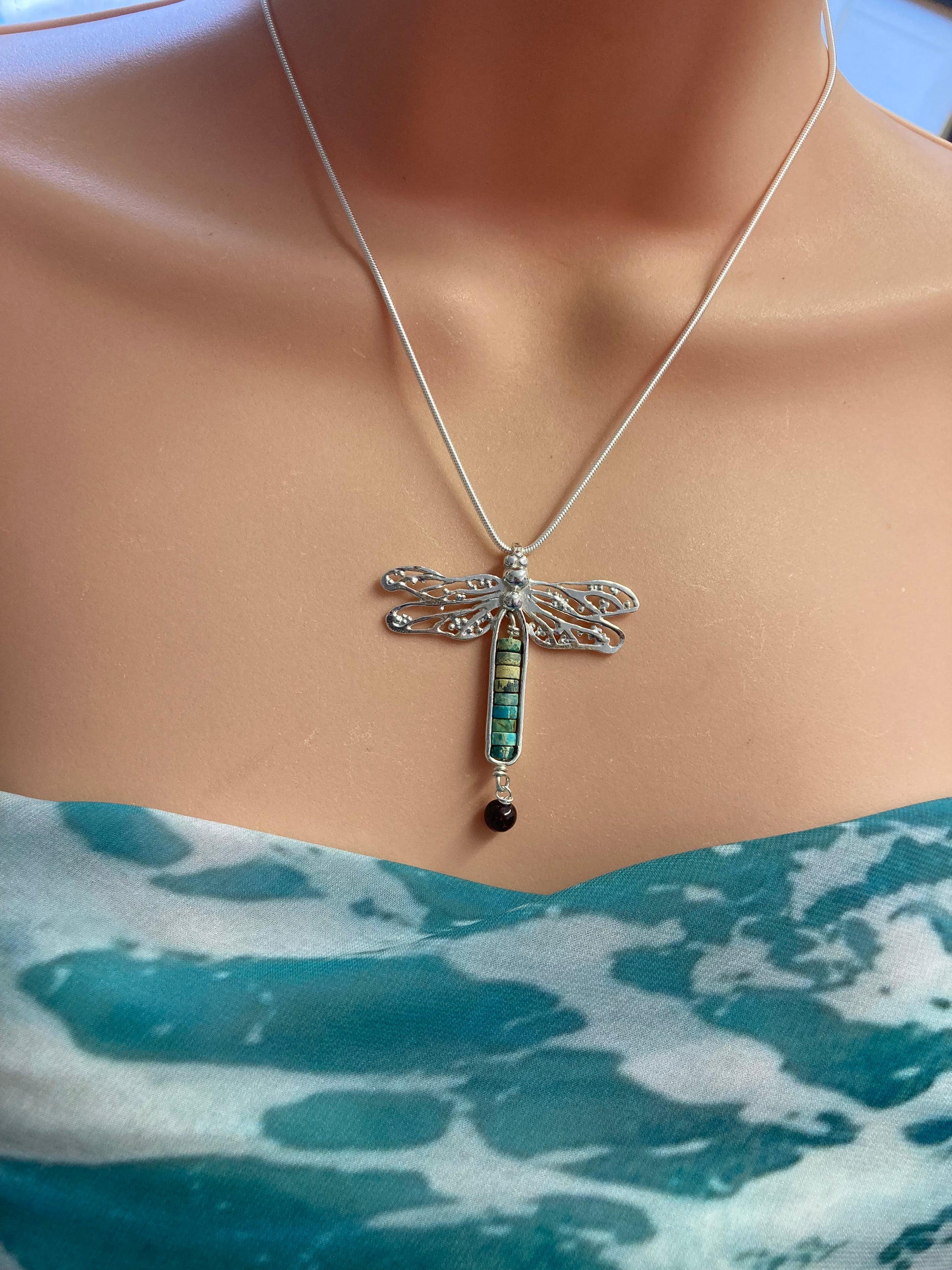 dragonfly pendant silver and turquoise beads 