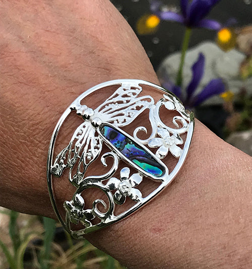 Dragonfly cuff bracelet with abalone shell inlay