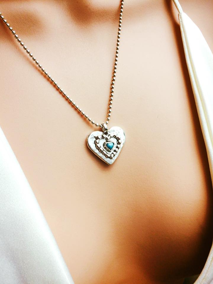 silver heart necklace with turquoise stone 