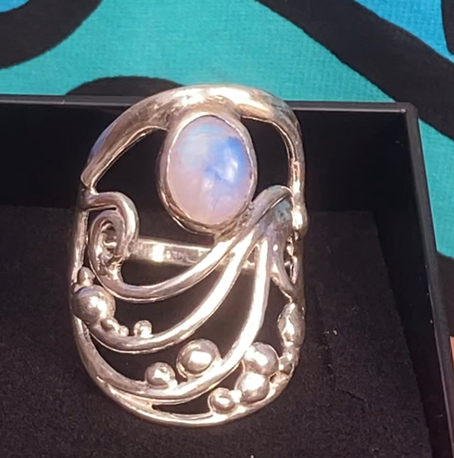 Moonstone wave and pebbles ring