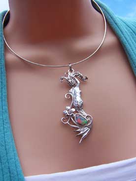 Silver mermaid and doublet opal necklace