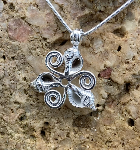 Whelk shells triskelion necklace